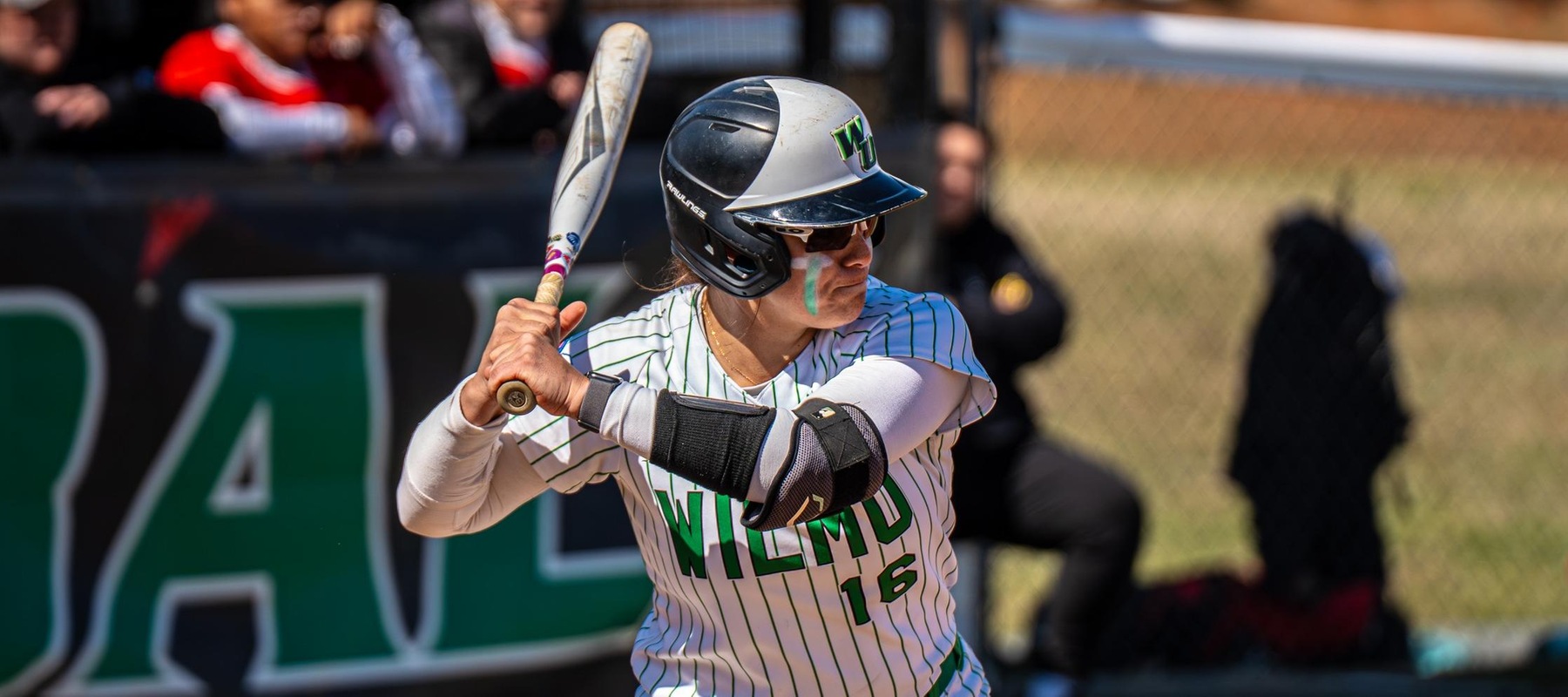 File photo of Bella Barnes who batted 4-for-7 with a homer and four RBI in a doubleheader at Adelphi. Copyright 2025; Wilmington University. All rights reserved. Photo by Giovanni Badalamenti. March 22, 2025 vs. Dominican.