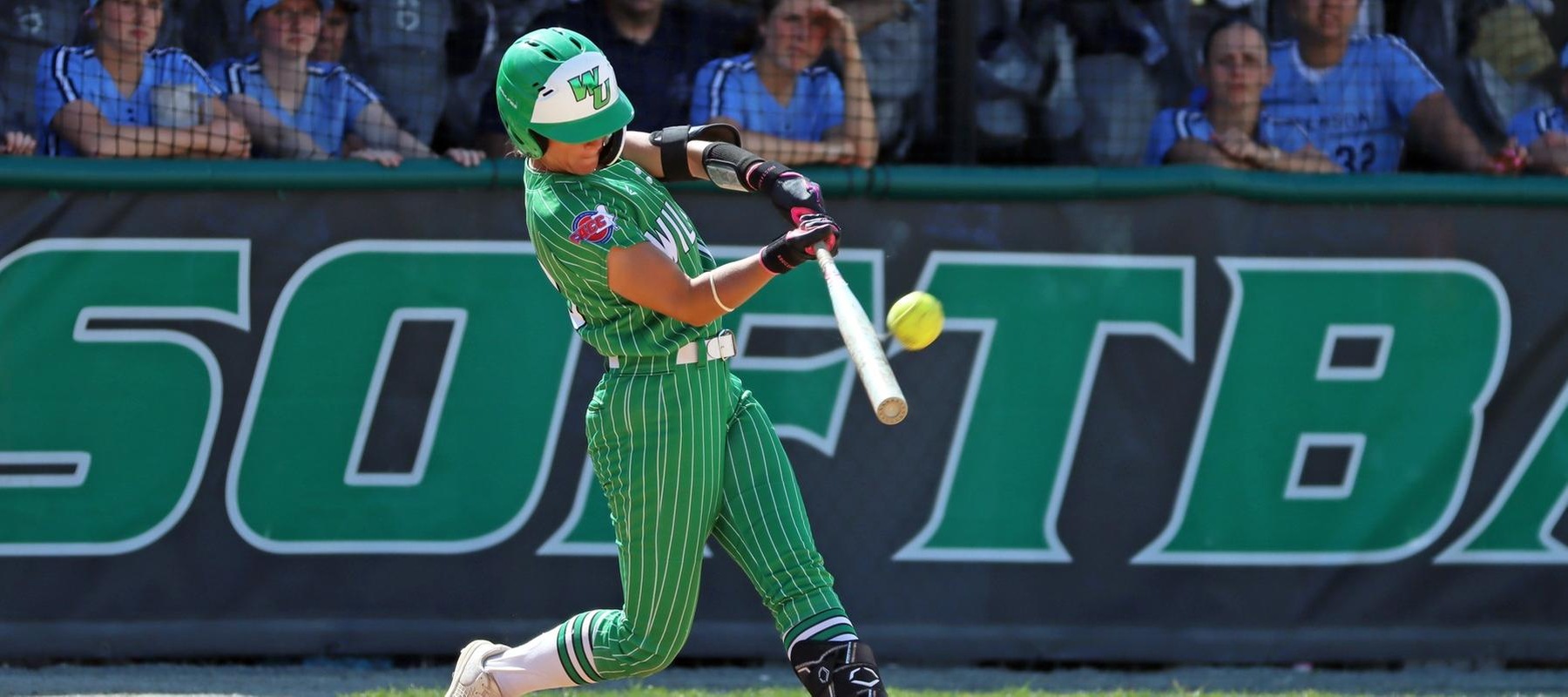 Photo of Maddie Vollmar connecting for her two-run homer in game one against Jefferson on Tuesday. Copyright 2026; Wilmington University. All rights reserved. Photo by Dan Lauletta. April 14, 2026 vs. Jefferson.