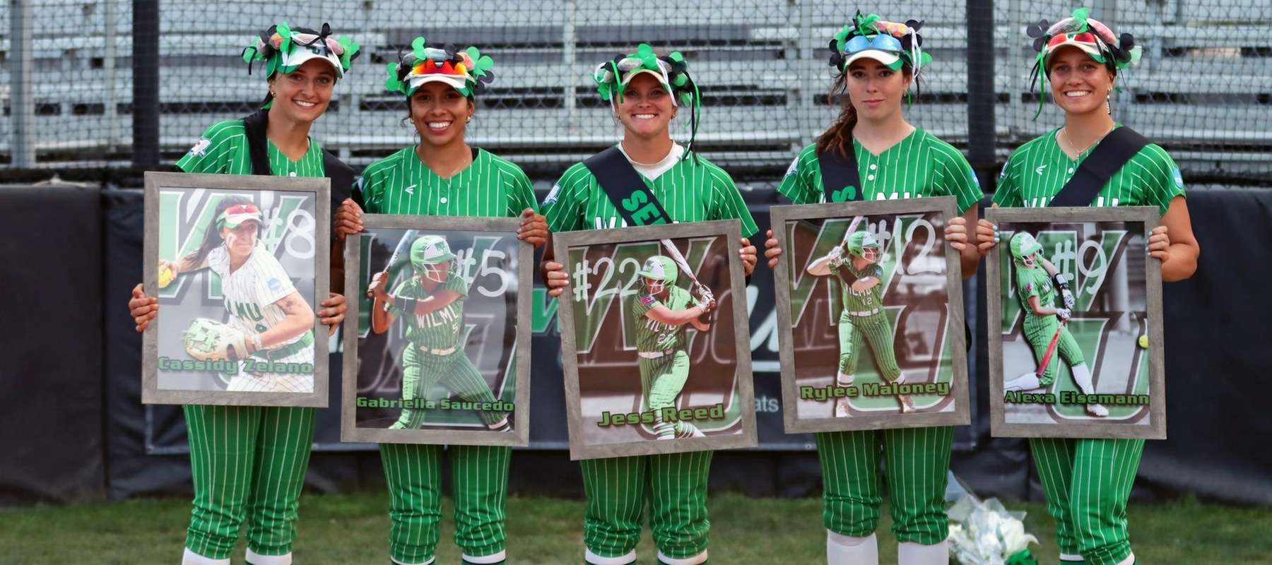 Photo of seniors (left to right) Cassidy Zelano, Gabriella Saucedo, Jess Reed, Rylee Maloney, and Alexa Eisemann on Senior Day. Copyright 2026; Wilmington University. All rights reserved. Photo by Dan Lauletta. April 24, 2026 vs. Bridgeport.