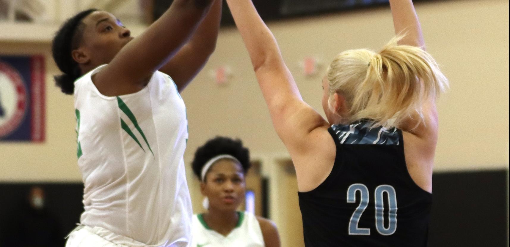 File Photo of Sabreen Muslim who collected her second straight double-double with 17 points and 11 rebounds at USciences. Copyright 2021; Wilmington University. All rights reserved. Photo by Trudy Spence. December 4, 2021 vs. Holy Family.