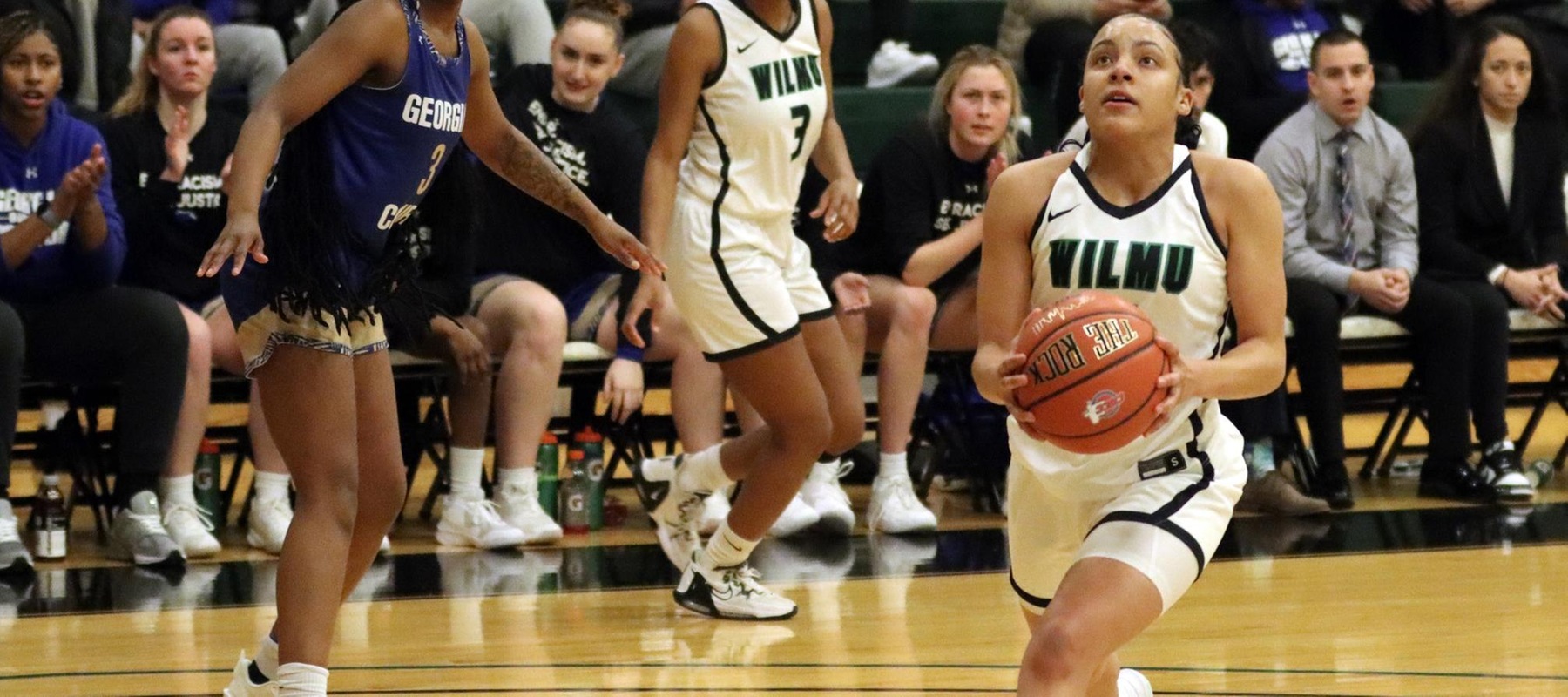 File photo of Amber Washington who scored 19 points to go with four assists at Goldey-Beacom. Copyright 2023; Wilmington University. All rights reserved. Photo by Dan Lauletta. January 10, 2023 vs. Georgian Court.
