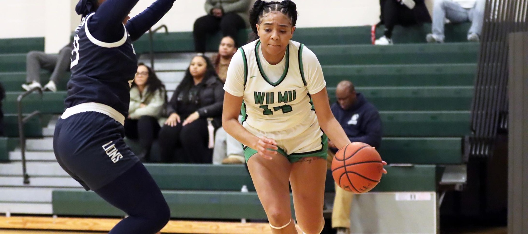 File photo of Jasmine McDuffie who had 17 points at Felician. Copyright 2025; WIlmington University. All rights reserved. Photo by Dan Lauletta. February 17, 2025 vs. Penn State Brandywine.