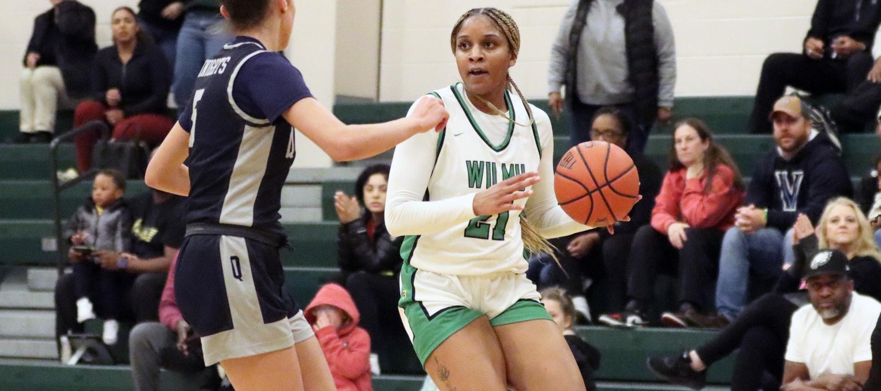 Photo of Aniyah Bond who shot 5-of-8 from three-point land and led the Wildcats with 17 points against Queens. Copyright 2024; Wilmington University. All rights reserved. Photo by Dan Lauletta. November 26, 2024 vs. Queens.