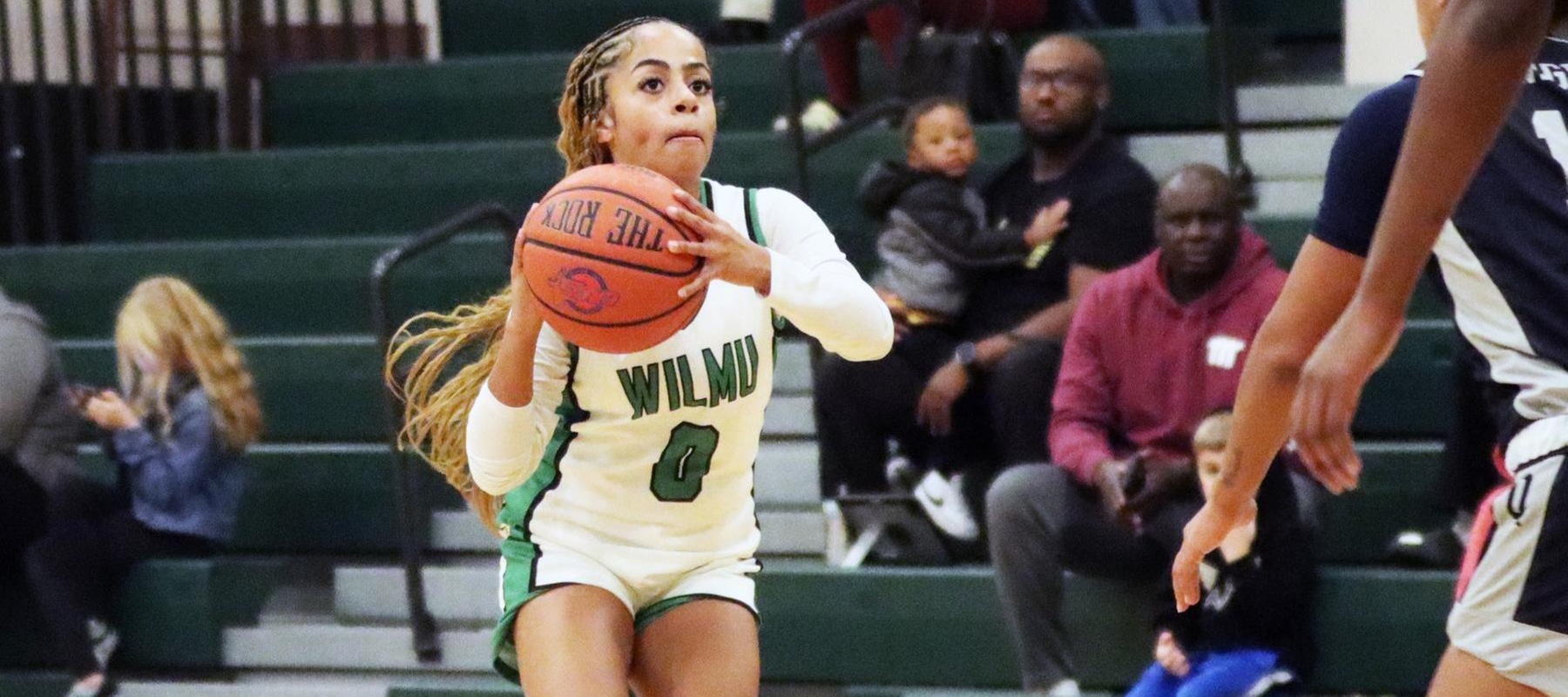 File photo of Mya Nisbet who hit five three-pointers at Bowie State. Copyright 2024; Wilmington University. All rights reserved. Photo by Dan Lauletta. November 26, 2024 vs. Queens.