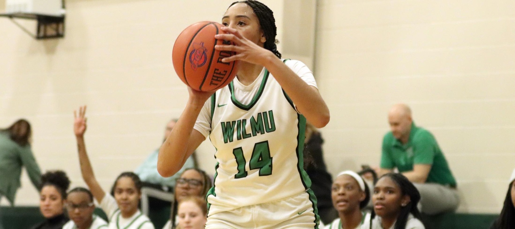 Photo of Jasmine McDuffie hitting a three-pointer against Jefferson on Tuesday night. Copyright 2025; Wilmington University. All rights reserved. Photo by Dan Lauletta. January 14, 2025 vs. Jefferson.