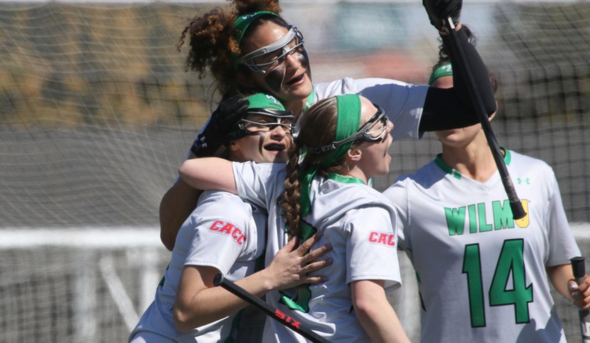 Copyright 2018; Wilmington University. All rights reserved. Photo of La'Dae Boykin, Taylor Lambeth, and Marisa Parker celebrating after a goal against Post. Taken by Frank Stallworth, March 24, 2018 vs. Post.