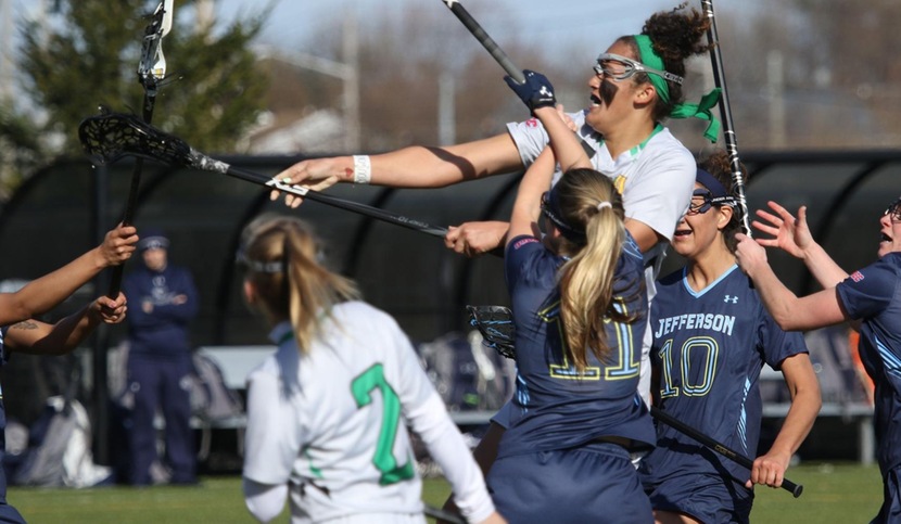 Copyright 2018; Wilmington University. All rights reserved. La'Dae Boykin's first goal of the day (pictured) gave her 200 career points. Photo by Frank Stallworth. April 4, 2018 vs. Jefferson.