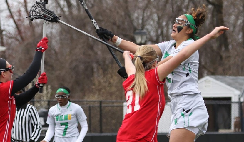 Copyright 2018; Wilmington University. All rights reserved. File photo os La'Dae Boykin who scored nine goals and added three assists for a program record 12 points against Dominican. Photo by Frank Stallworth. April 7, 2018 vs. Caldwell.