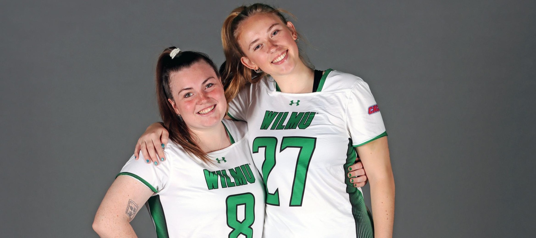 Photo of Michaella Cook (left) and Tristan Holdsworth (right) who combined for five goals and five assists at Virginia State. Copyright 2025; Wilmington University. All rights reserved. Photo by Dan Lauletta.
