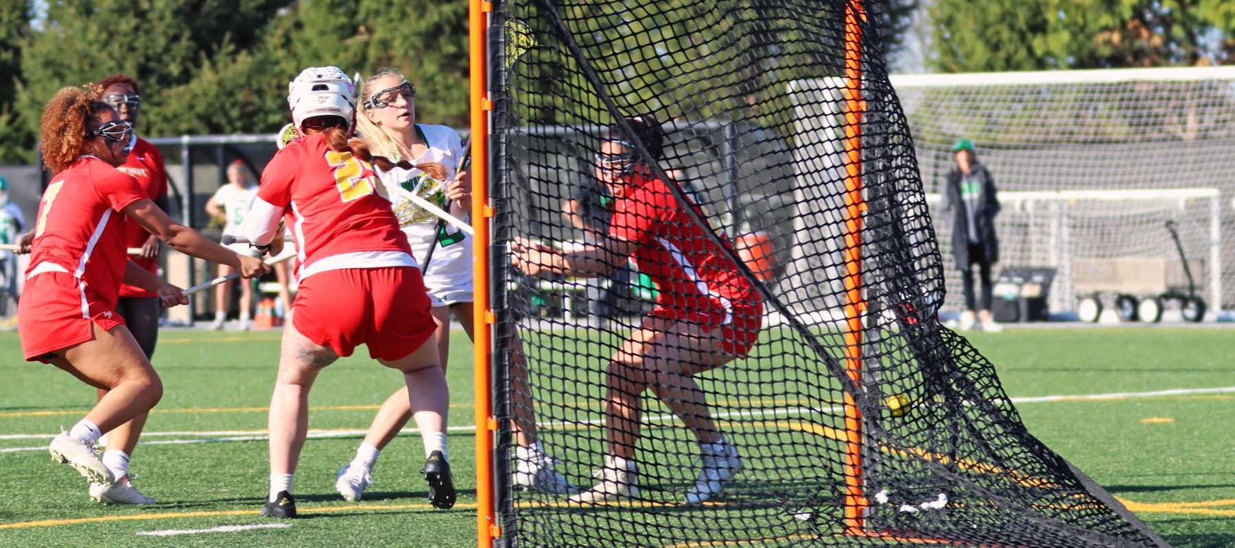 Photo of Ella Royer scoring one of her eight goals against Chestnut Hill, including her 277th career point to break the all-time record. Copyright 2025; Wilmington University. All rights reserved. Photo by Dan Lauletta. April 1, 2025 vs. Chestnut Hill.