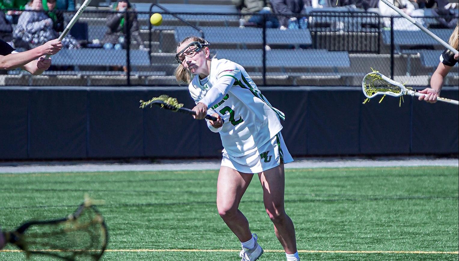Photo of Ella Royer scoring the record-breaking 322nd goal of her career. Copyright 2026; Wilmington University. All rights reserved. Photo by Teigan Norris. March 28, 2026 vs. Dominican.
