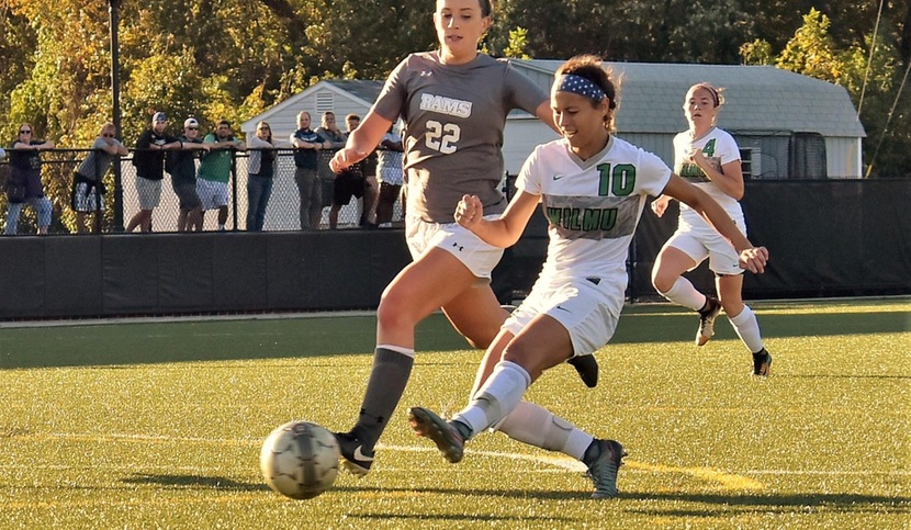 Copyright 2017; Wilmington University. All rights reserved. Photo of Loran Wyrough's shot that found the back of the net against Jefferson, taken by James Jones.