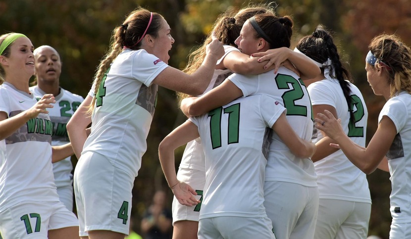 Copyright 2017; Wilmington University. All rights reserved. Photo by James Jones. November 3, 2017 vs. Holy Family in CACC Semifinals. Photo following Alexa Smalley's goal.