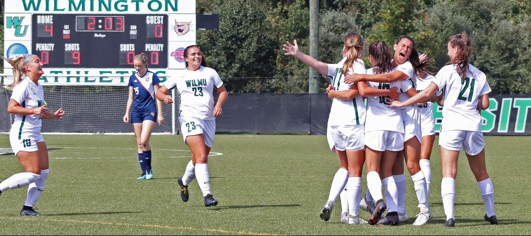 Wilmington University teammates celebrate a  goal against Nyack during their NCAA Women?s soccer match at the Wilmington University sports facility in Newark, Delaware, October 2, 2021. Photo by Joe Burke 2021