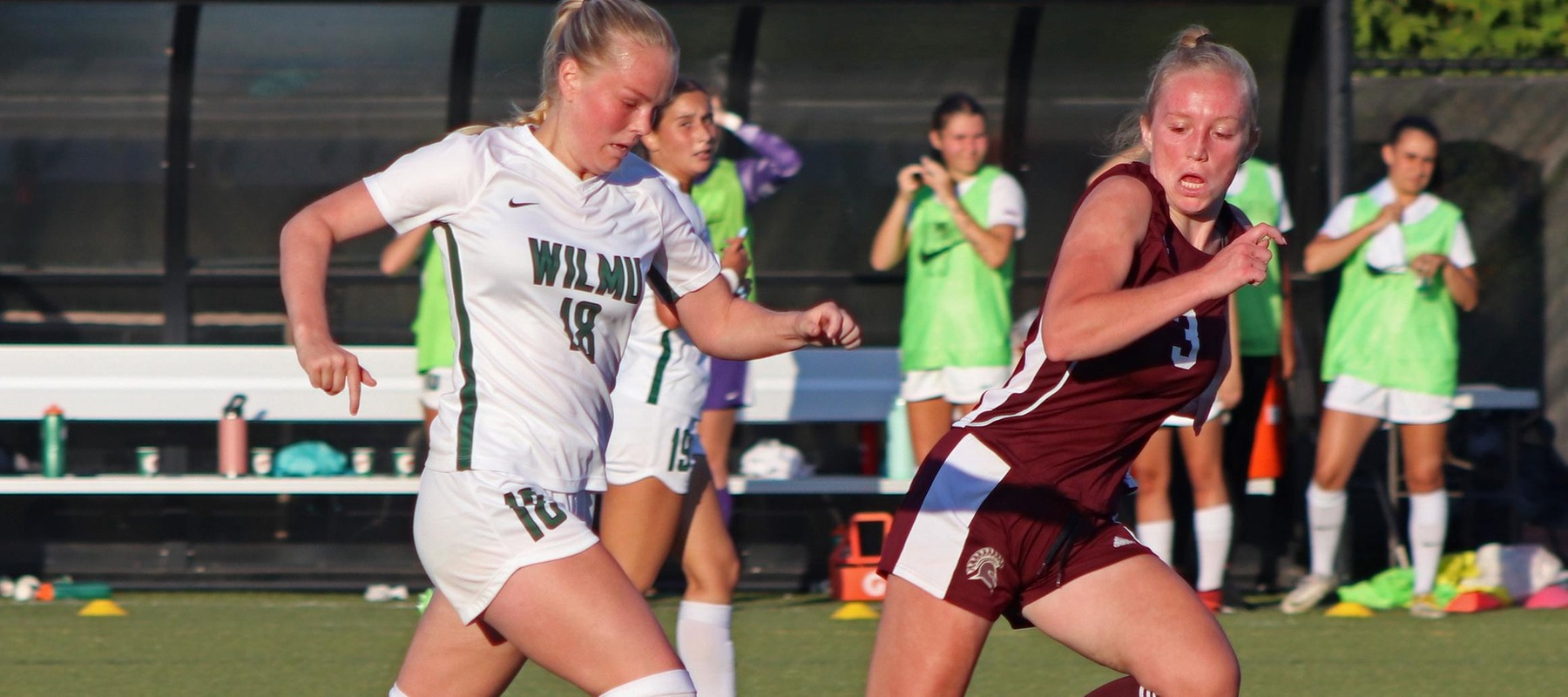 Number 18 Emilie Larsen drives the ball to the net at the Wilmington University vs St. Thomas Aquinas game at Wilmington University Athletics center at Tuesday October 11,2022. Photo taken by Austin Crozier