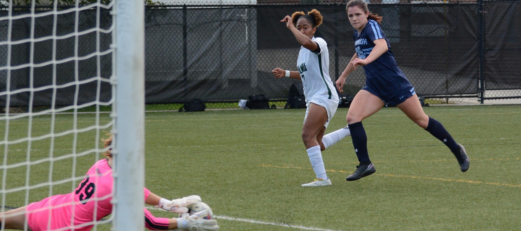 Evelyn Payne's shot in the 74th minute is saved by the Jefferson goalkeeper during their NCAA Women&rsquo;s soccer match at the Wilmington University Sports complex in Newark, Delaware September 27, 2023. Photo by Debra Breister.