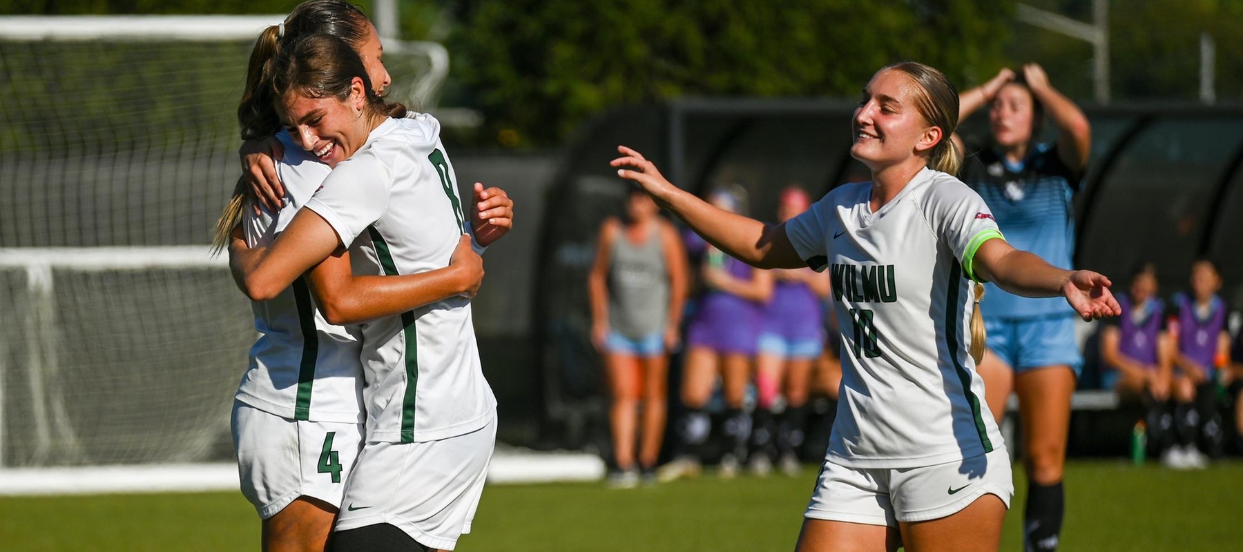 Wilmington University players celebrate after a goal made by Manuela Restrepo (#4) during their NCAA Women&rsquo;s soccer match at the Wilmington University Sports Complex in Newark, Delaware, October 3, 2023. Photo by Arlene Coseglia