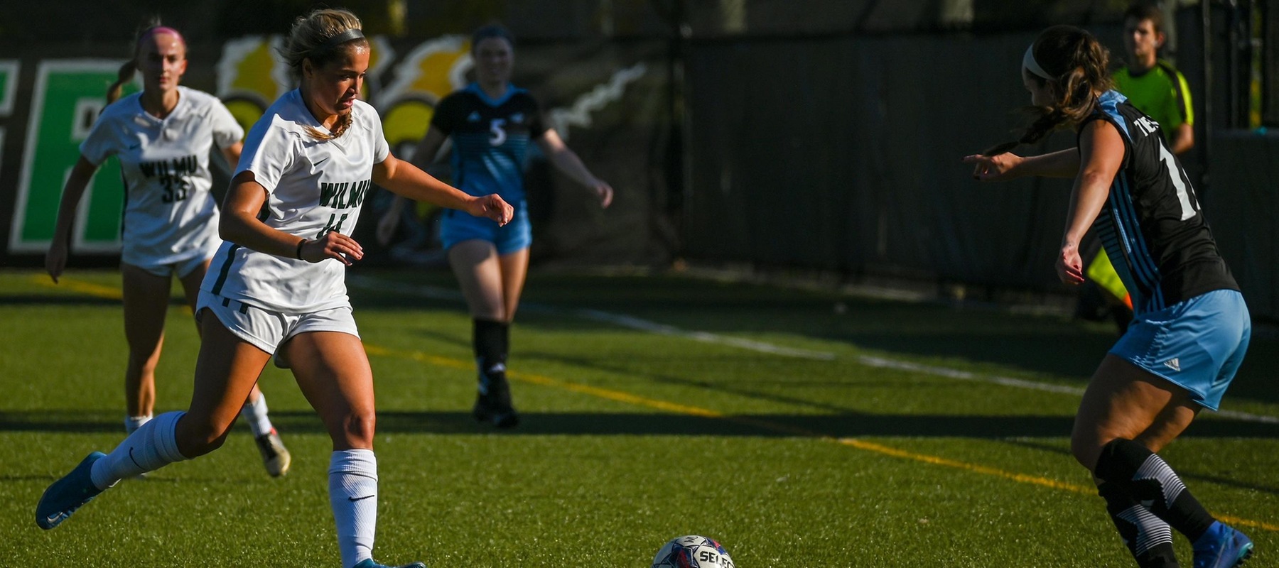 File photo of Amelia Quino who recorded her first collegiate career goal on Wednesday at St. Thomas Aquinas. Wilmington University&rsquo;s Amelia Aquino (#14) battles for control of the ball against Holy Family at the Wilmington University Sports Complex in Newark, Delaware, October 3, 2023. Photo by Arlene Coseglia