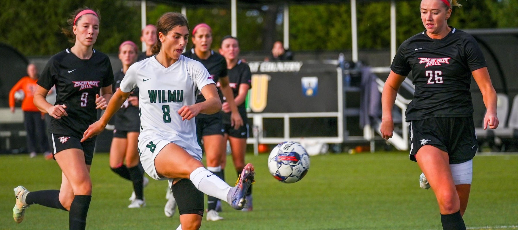 File photo of Alyssa Ruggero who scored twice at Mercy. Wilmington University&rsquo;s Alyssa Ruggeri (#8) attempts to score against Chestnut Hill College during their NCAA Women&rsquo;s soccer match at the Wilmington University Sports complex in Newark, Delaware, October 17, 2023 . Photo By Arlene Coseglia