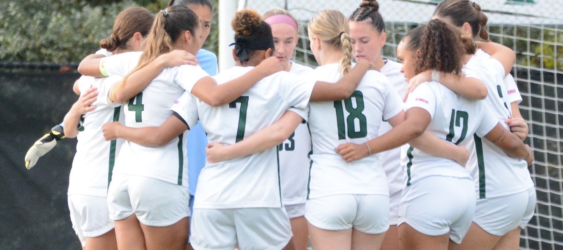Wilmington University&rsquo;s Wildcats talk strategy before the second half during their NCAA Women&rsquo;s soccer match against Chestnut Hill University at the Wilmington University Sports complex in Newark, Delaware October 17, 2023. Photo by Debra Breister.