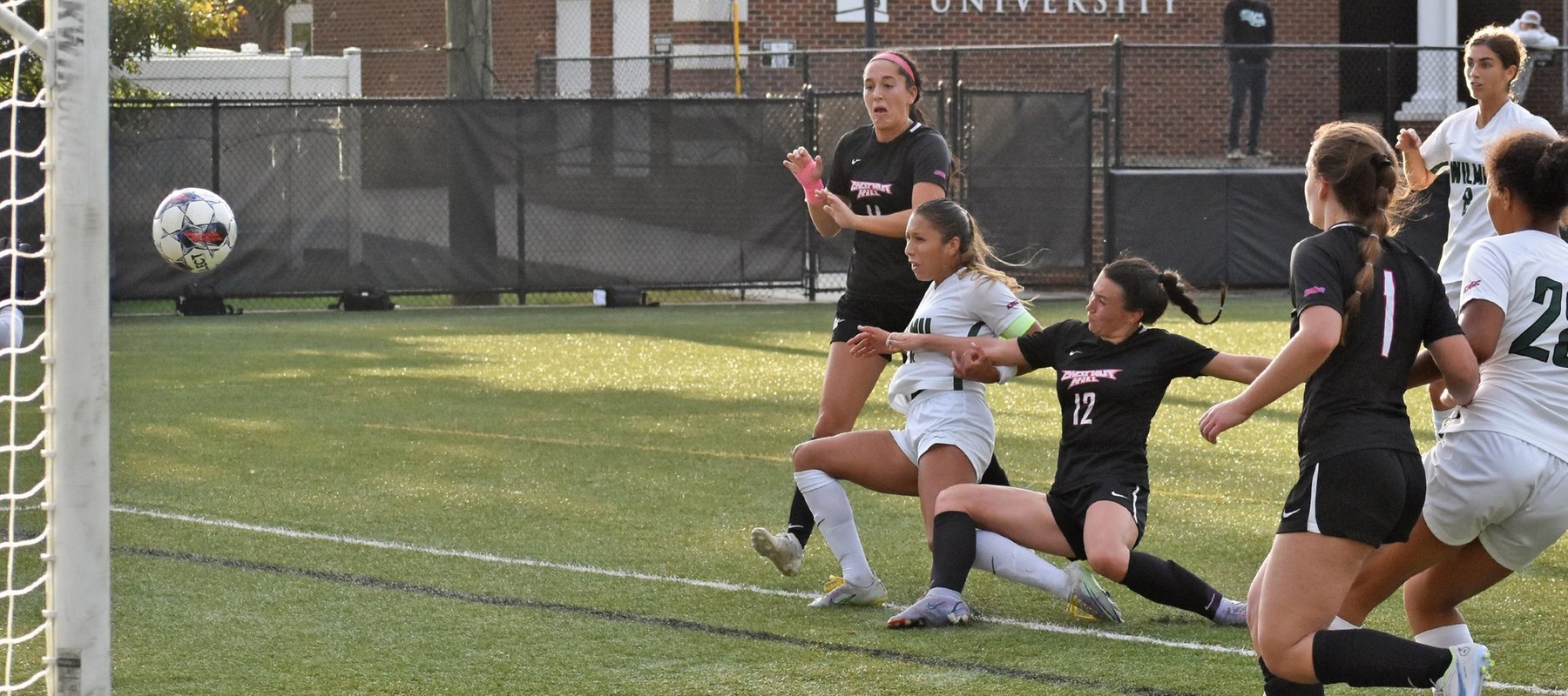 Wilmington University&rsquo;s Manuela Restrepo (#4) scores a goal during the NCAA Women&rsquo;s soccer match against Chestnut Hill at the Wilmington University Sports Complex in Newark, Delaware, October 17, 2023. Photo By Katelyn Hurley.