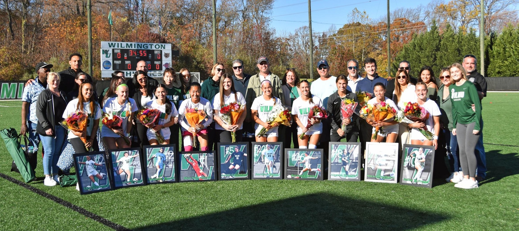 Photo of the seniors prior to the game against Goldey-Beacom. Copyright 2024; Wilmington University. All rights reserved. Photo by Sophie Shive. November 8, 2024 vs. Goldey-Beacom.