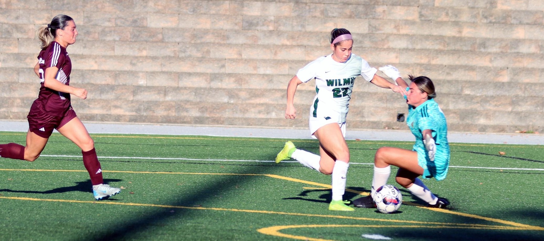 Photo of Jordan Siok scoring her second goal of the game in a 3-1 win against STAC. Copyright 2024; Wilmington University. All rights reserved. Photo by Dan Lauletta. October 23, 2024 vs. St. Thomas Aquinas.