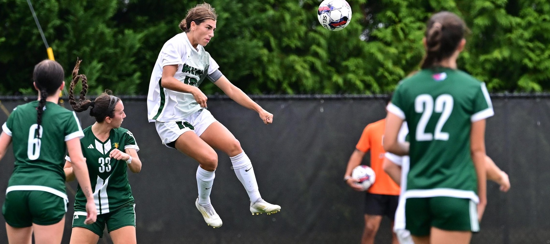 File photo of Alyssa Ruggeri who headed home a goal against Jefferson. Alyssa Ruggeri (18) heads the ball during their NCAA Woman&rsquo;s soccer match at the Wilmington University Sports complex in Newark, Delaware, September 28, 2024 . Photo By David Reeder.
