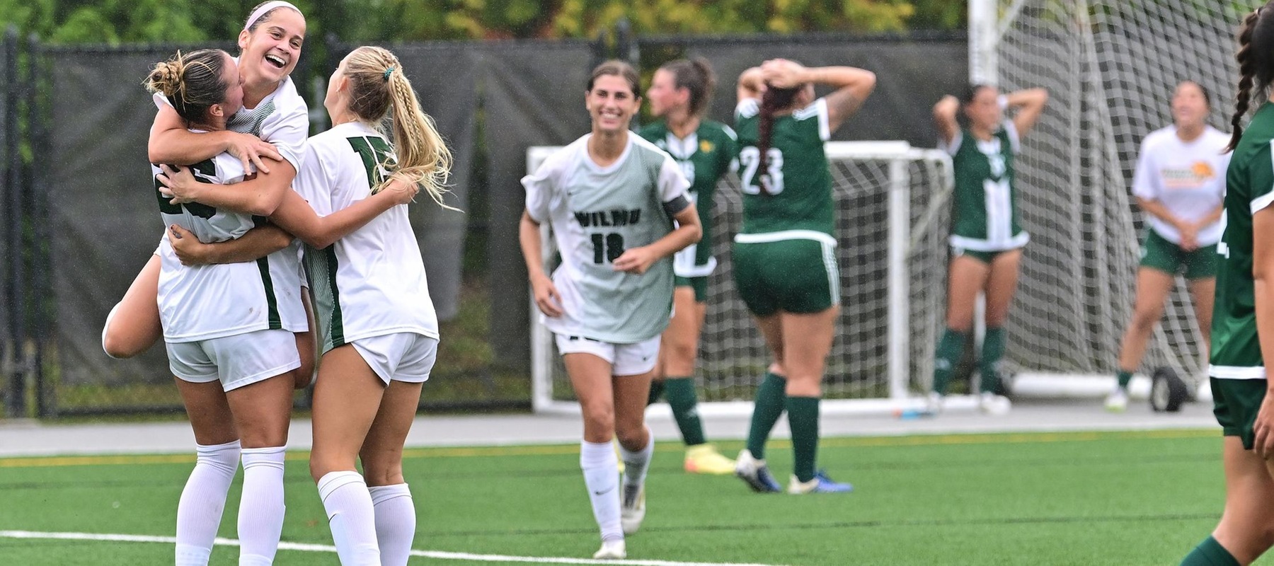 Wilmington University&rsquo;s Jordan Siok (22) celebrates a goal with teammates against Felician University during their NCAA Woman&rsquo;s soccer match at the Wilmington University Sports complex in Newark, Delaware, September 28, 2024 . Photo By David Reeder.