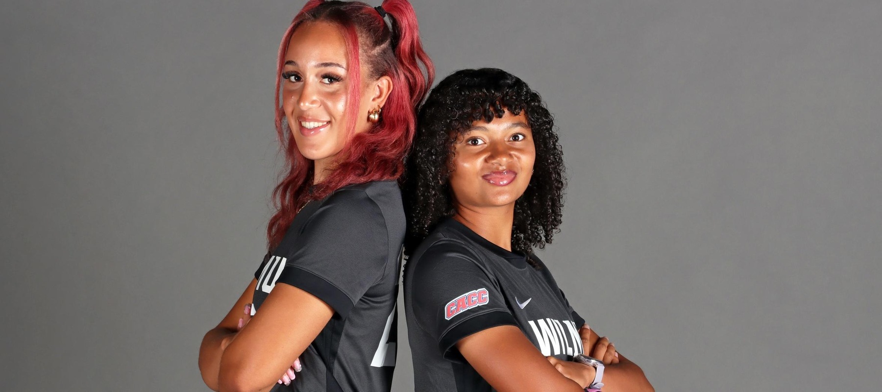 File photo of Eboni Bradshaw (right) who scored against Saint Anselm and Sierra Bartley who had the assist. Copyright 2025; Wilmington University. All rights reserved. Photo by Dan Lauletta.