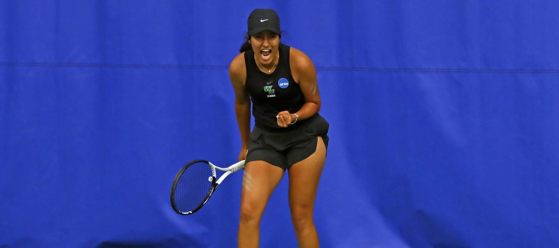 Photo of Kushi Khandoji who celebrates after winning her singles match at No. 6, finishing 17-4 in singles matches in her senior season. Copyright 2025; WIlmington University. All rights reserved. Photo by Dan Lauletta. May 13, 2025 vs. Queens.