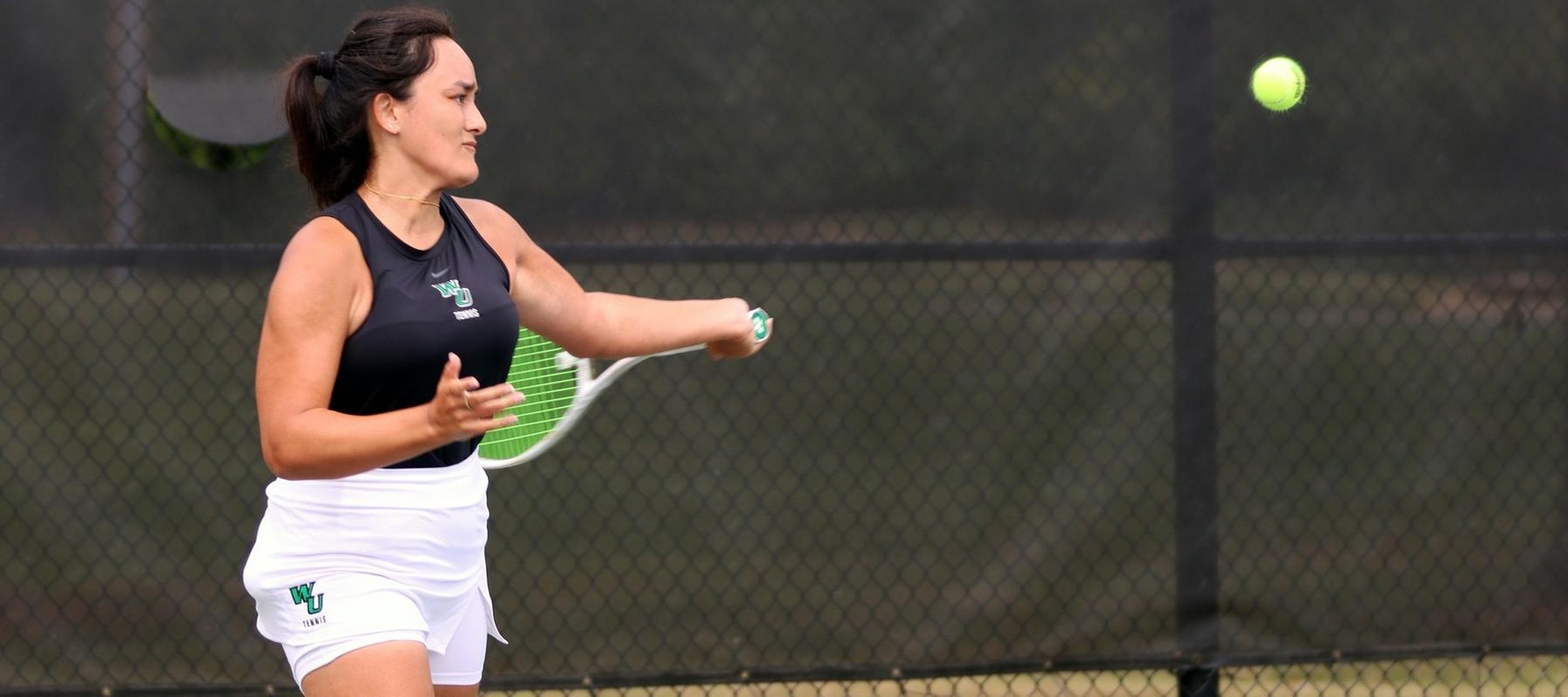 File photo of Siana MacDonald who won at No. 2 doubles and No. 1 Singles against Dominican on Wednesday. Copyright 2024; Wilmington University. All rights reserved. Photo by Dan Lauletta. September 17, 2024 vs. Goldey-Beacom.