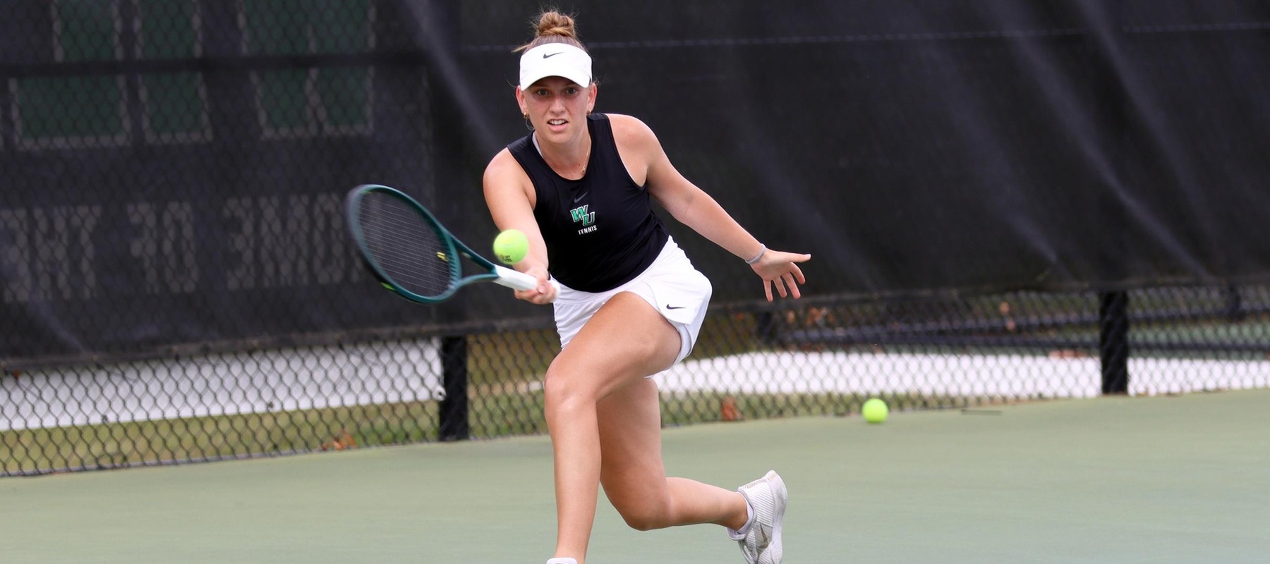 File photo of Molly Carlberg who won at No. 1 singles to clinch the team victory over Goldey-Beacom. Copyright 2024; Wilmington University. All rights reserved. Photo by Dan Lauletta. September 17, 2024 vs. Goldey-Beacom.