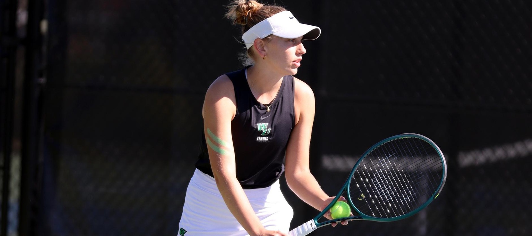 File photo of Molly Carlberg who won at No. 3 doubles at Queens. Copyright 2024; Wilmington University. All rights reserved. Photo by Dan Lauletta. October 20, 2024 vs. Chestnut Hill in CACC Tournament Championship at Delcastle Tennis Center.