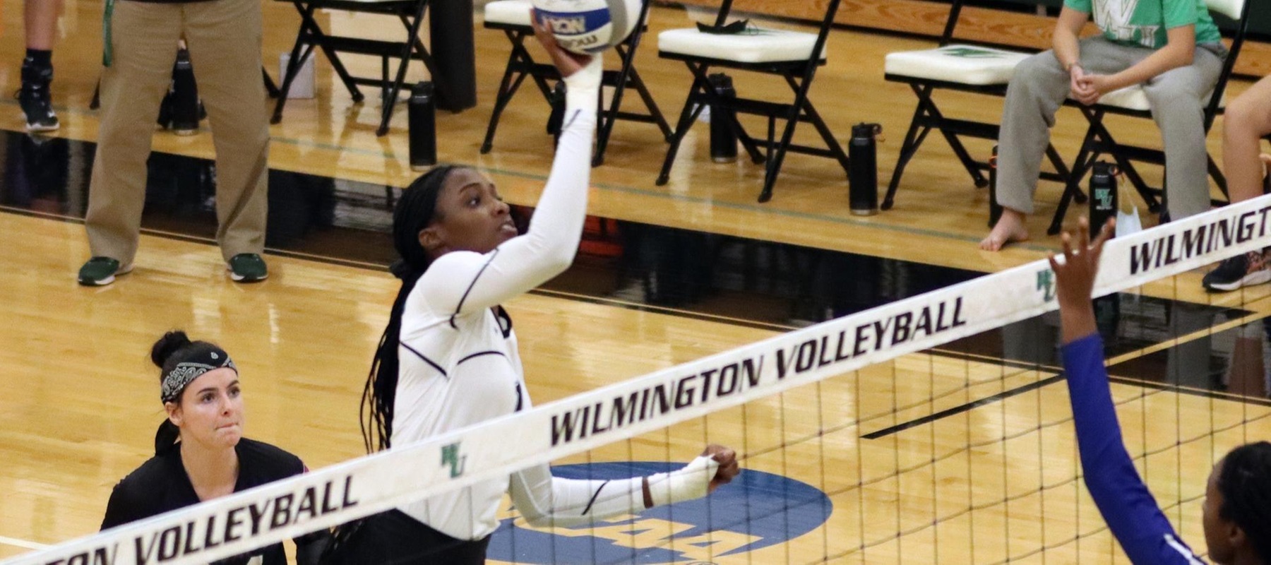 File photo of Angel Oliver who collected 12 total blocks at Felician. Copyright 2021; Wilmington University. All rights reserved. Photo by Mitchell Coll. November 10, 2021 vs. Georgian Court.