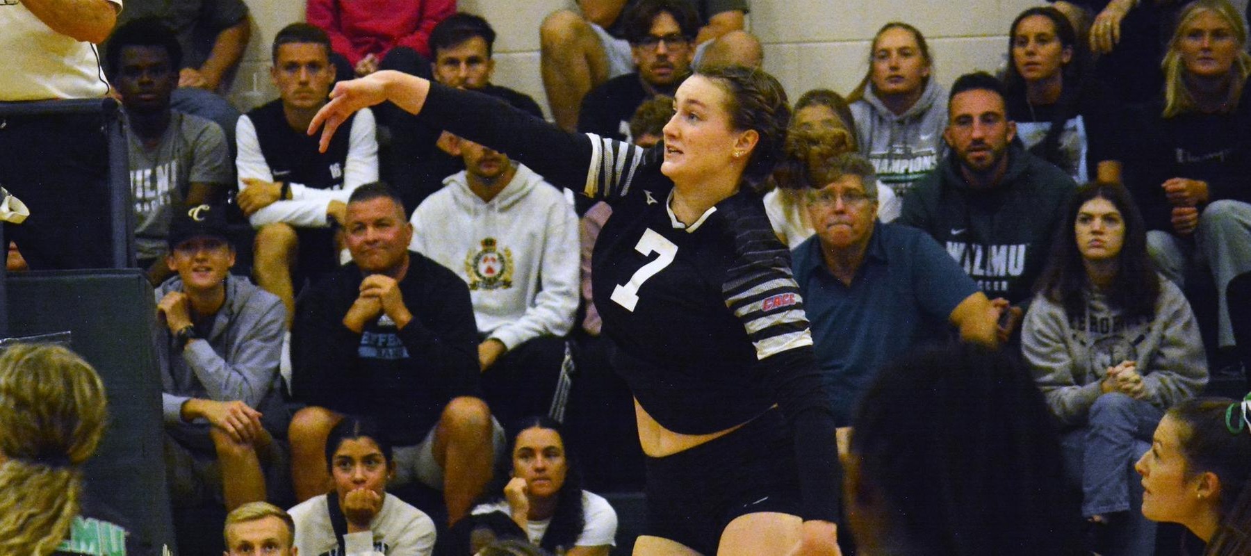 File photo of Karalyn Osborne who had 7 kills and only 1 error at Bloomsburg on Tuesday. Copyright 2023; Wilmington University. All rights reserved. Photo by Alea Javorowsky. October 5, 2023 vs. Jefferson.