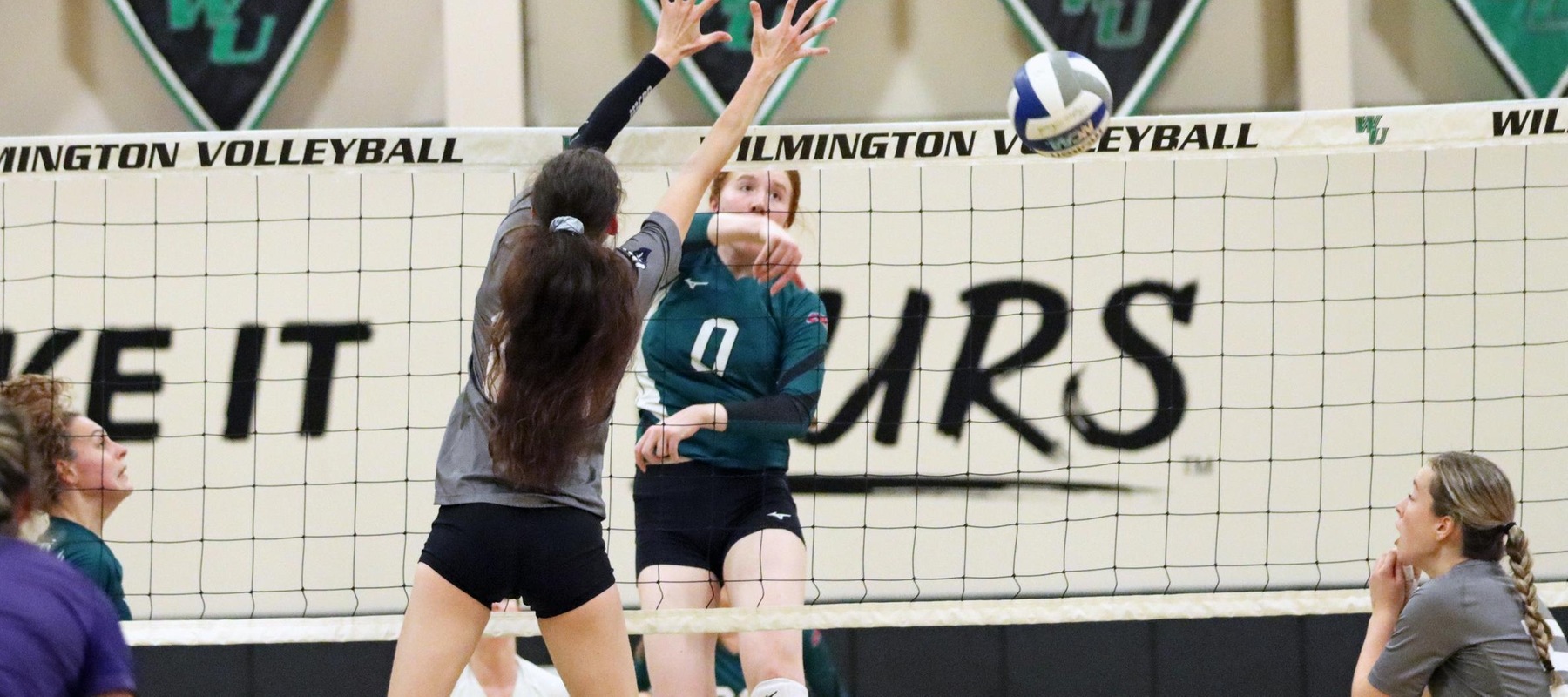 Photo of Shannen Litten putting down a kill against Bridgeport. Copyright 2023; Wilmington University. All rights reserved. Photo by Dan Lauletta. October 14, 2023 vs. Bridgeport.