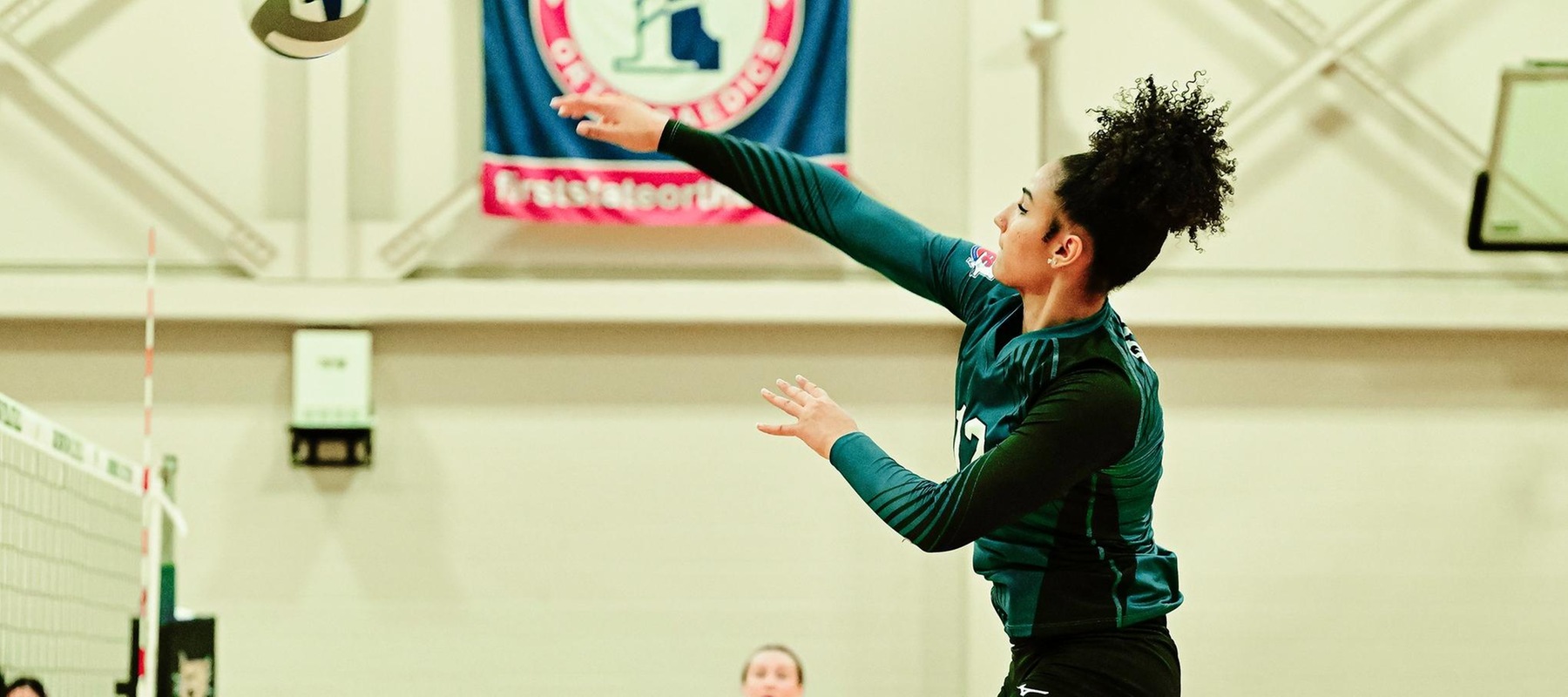 File photo of Eliza Schneider who tied her season high with 19 kills at Goldey-Beacom. Wilmington University&rsquo;s Eliza Schneider (12) jumps for a kill against Chestnut Hill College during their NCAA Woman's volleyball match at the Wilmington University Sports complex in Newark, Delaware, October8, 2024 . Photo By David Reeder.