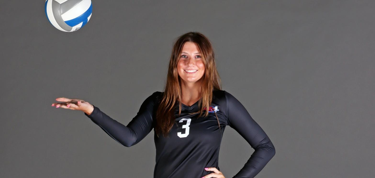 File photo of Cassidy Miller who led the team with six blocks at Georgian Court. Copyright 2025; Wilmington University. All rights reserved. Photo by Dan Lauletta.