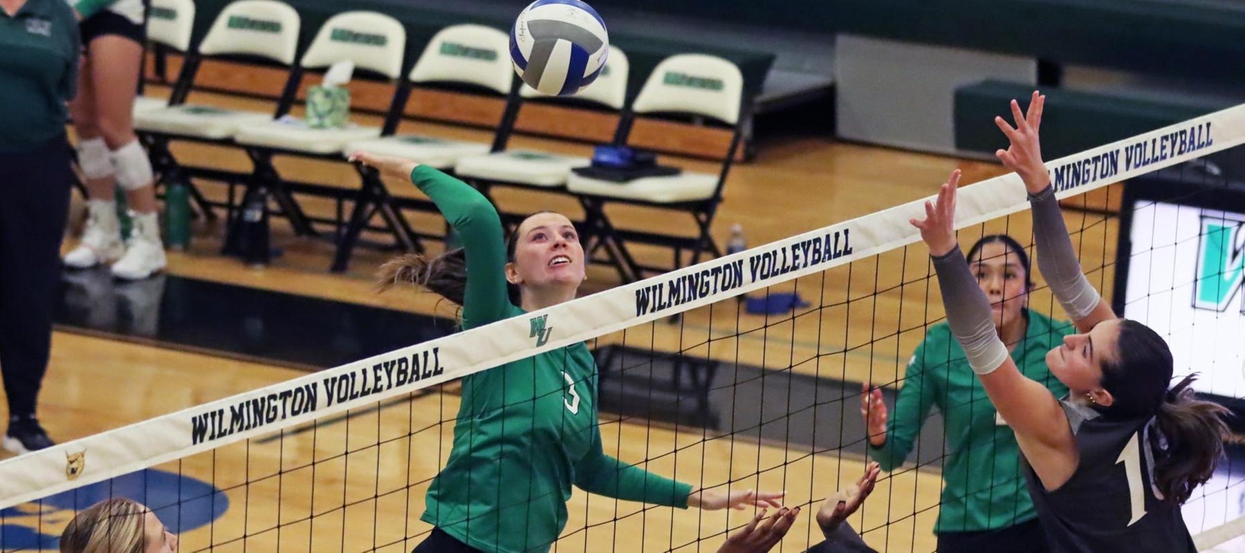 Photo of Cassidy Miller putting down one of her 12 kills on Tuesday against Holy Family. Copyright 2025; Wilmington University. All rights reserved. Photo by Dan Lauletta. September 23, 2025 vs. Holy Family.