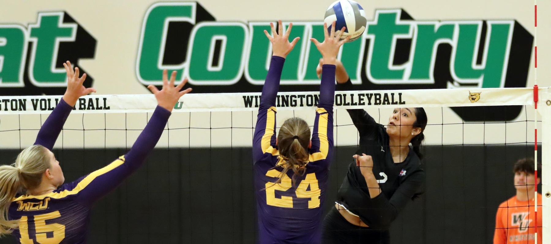 Photo of Karla Nunez-Rivera had a double-double with 16 kills and 10 digs against West Chester. Copyright 2025; Wilmington University. All rights reserved. Photo by Dan Lauletta. October 23, 2025 vs. West Chester.