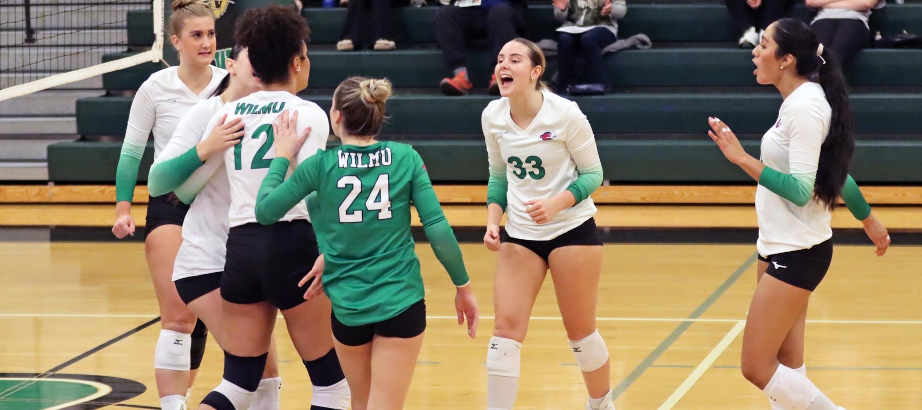 The Wildcats celebrate a point in the fifth set against Chestnut Hill. Copyright 2025; Wilmington University. All rights reserved. Photo by Dan Lauletta. November 6, 2025 vs. Chestnut Hill.