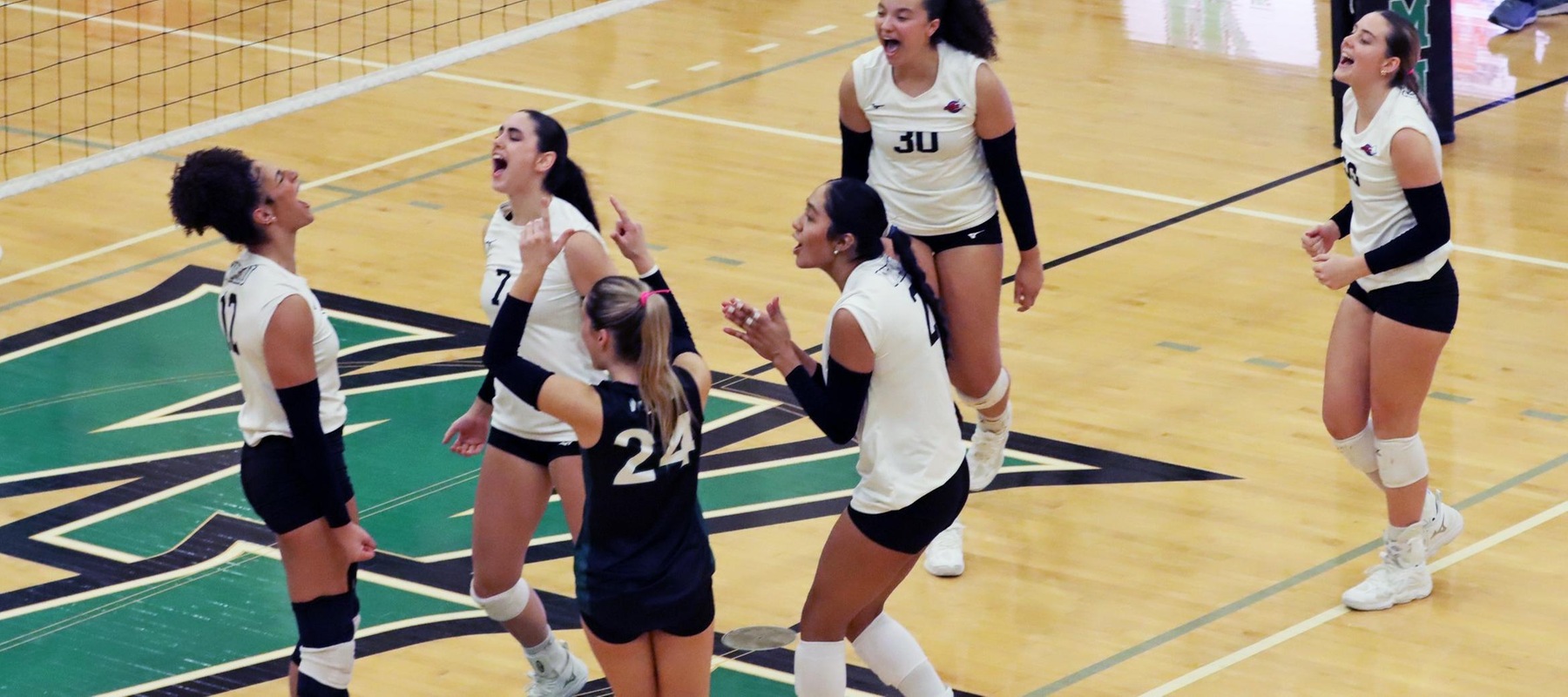 Photo of the Wildcats celebrating Eliza Schneider's match point kill to defeat Dominican in the CACC Tournament. Copyright 2025; Wilmington University. All rights reserved. Photo by Dan Lauletta. November 18, 2025 vs. Dominican.