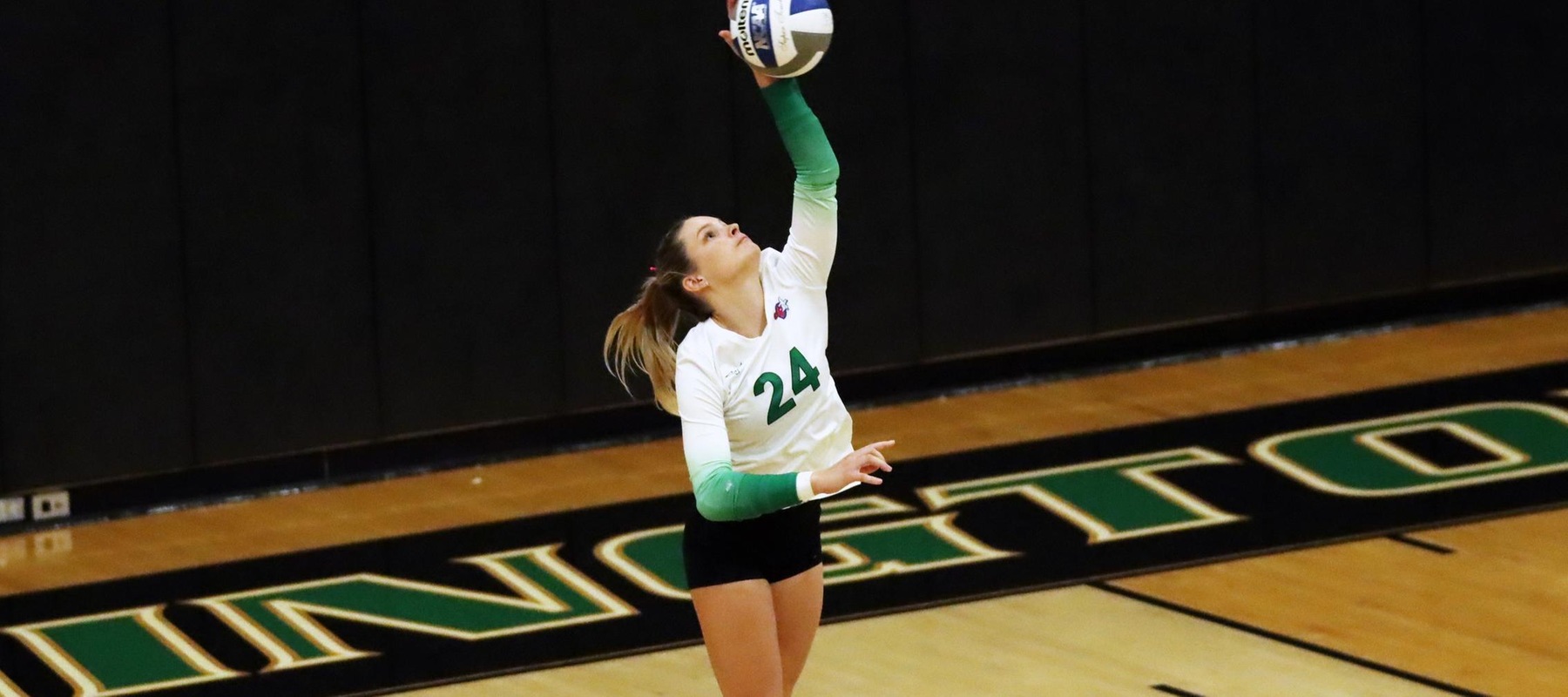 File photo of Morgan Daniels who had 7 aces against SNHU. Copyright 2025; Wilmington University. All rights reserved. Photo by Dan Lauletta. September 23, 2025 vs. Holy Family.