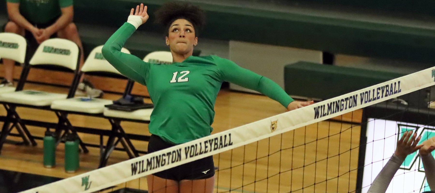 File photo of Eliza Schneider who put down a season high 19 kills at Dominican. Copyright 2025; Wilmington University. All rights reserved. Photo by Dan Lauletta. September 23, 2025 vs. Holy Family.